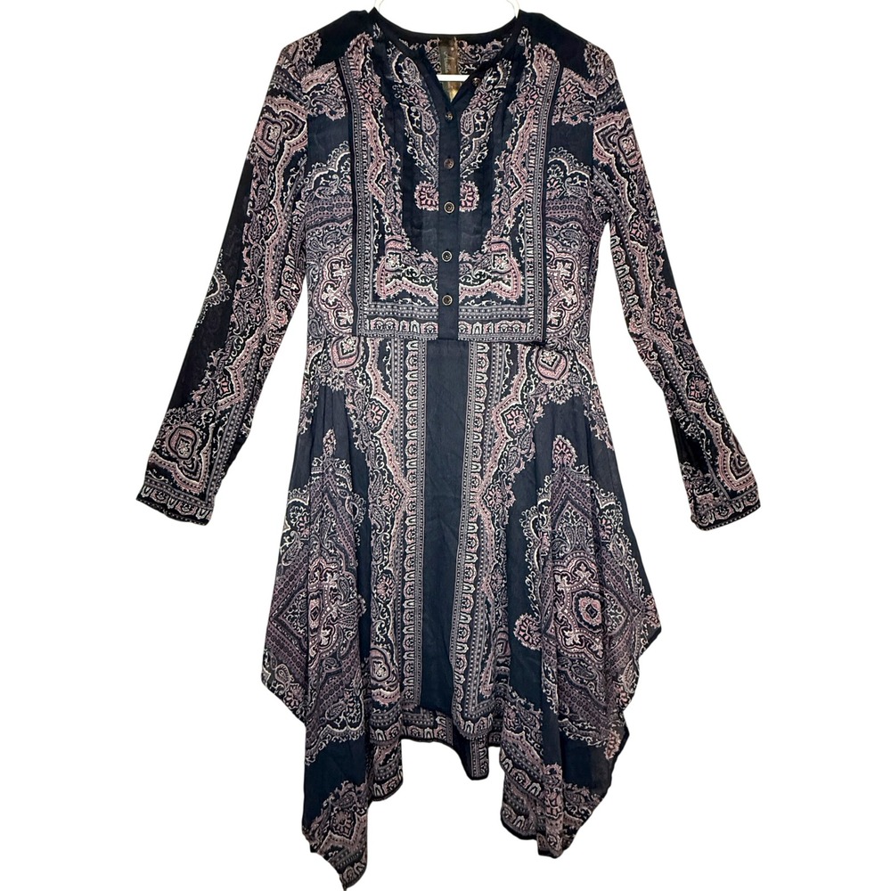 Aratta Silent Journey Helene Tunic Navy Paisley Cotton Boho Handkerchief Hem